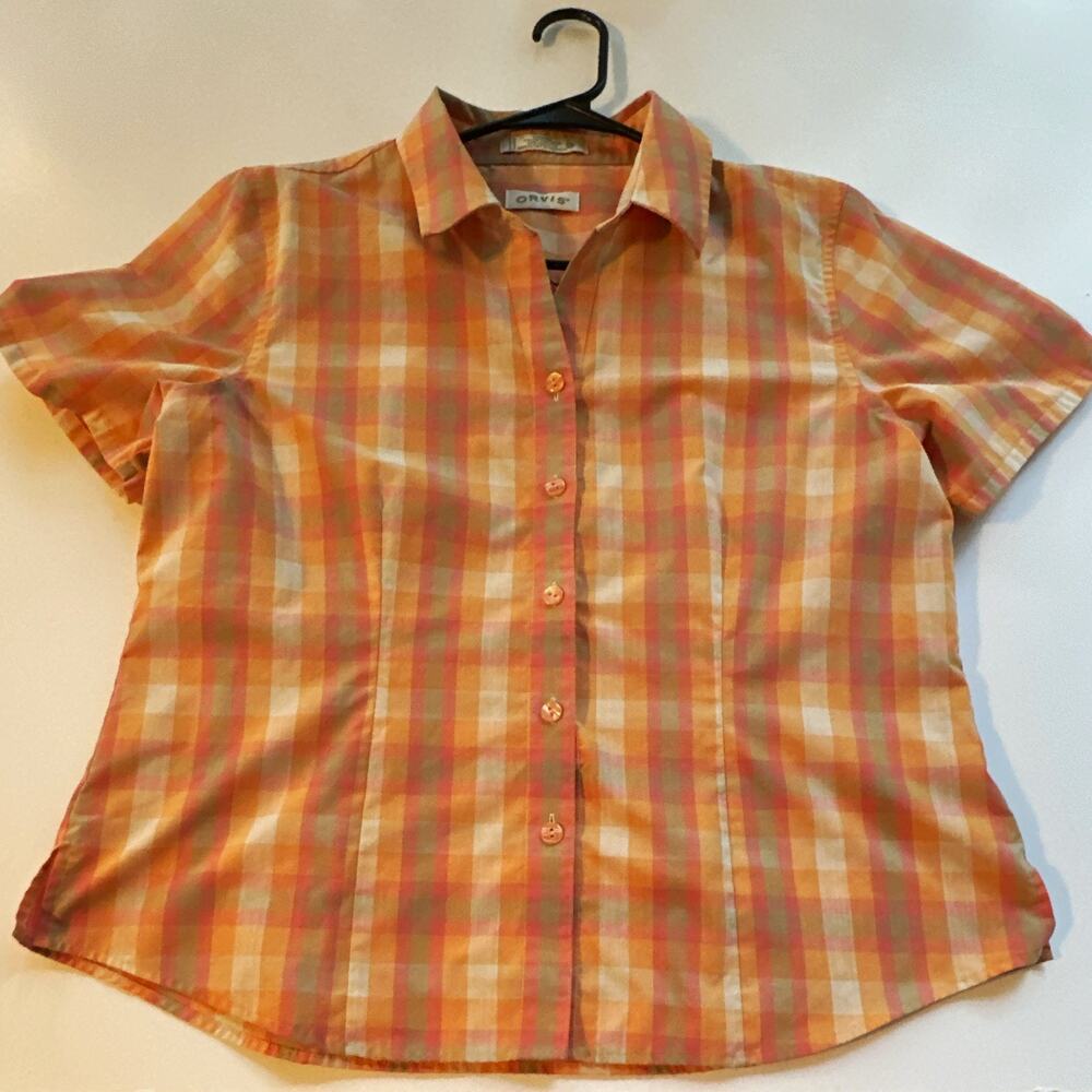 Orvis Womens Plaid Short Sleeve Button Up Collared Shirt Orange Pink Size 14